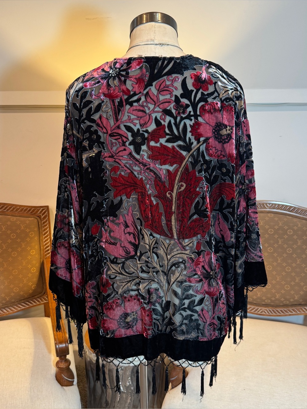 Vintage 90s Floral Burnout Velvet Fringe Kimono